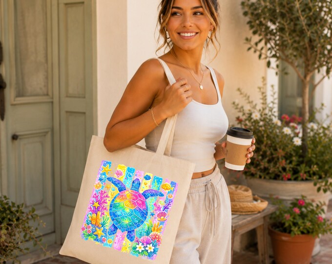 Colorful Sea Turtle Artwork Tote Bag | Rainbow Turtle Canvas Beach Tote