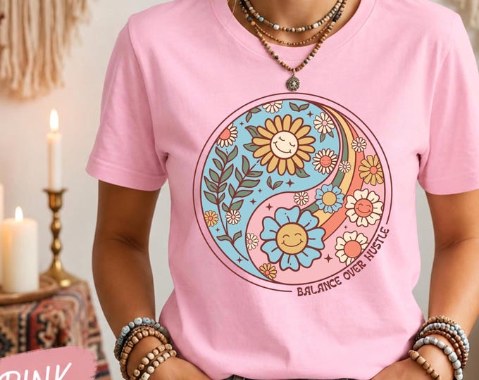 Boho Yin Yang Floral Tee, Balance Over Hustle, Retro Sunshine Top