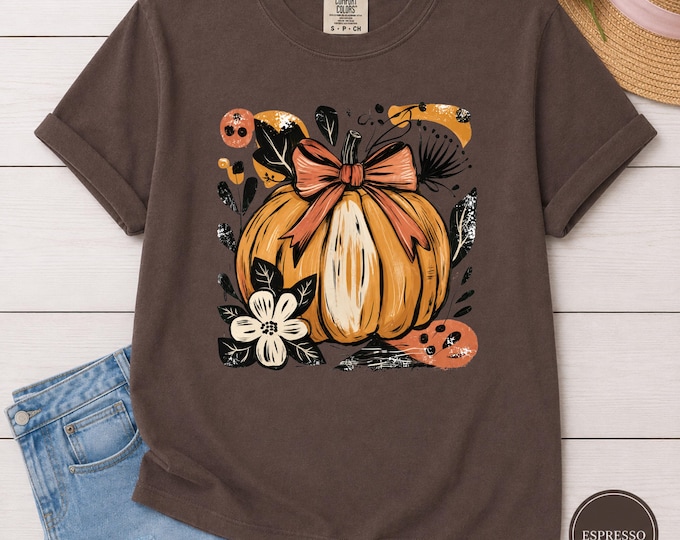 Pumpkin Bow Shirt | Fall Floral Graphic Tee | Autumn Harvest T-Shirt | Cottagecore Thanksgiving Top | Comfort Colors Women’s Apparel