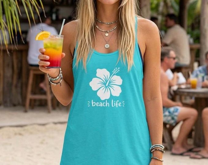 Beach Life Hibiscus Racerback Tank Top, Tropical Beach Tank for Women, Hawaiian Flower Vacation Shirt, Summer Coastal Tank, Beach Lover Gift