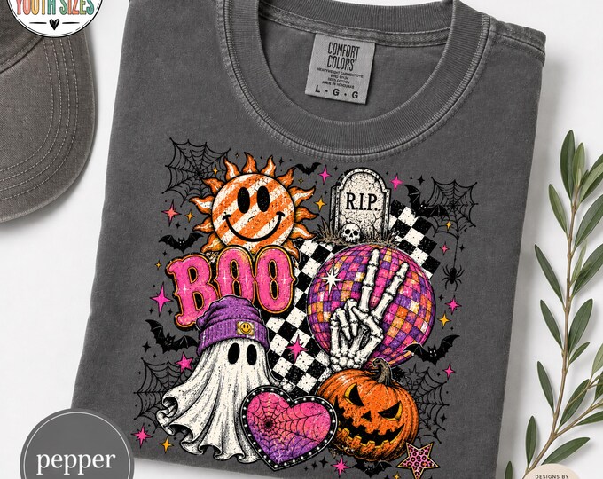 Cute Halloween Shirt | Retro Spooky Season Tee | Pink Ghost Pumpkin T-Shirt | Groovy Halloween Graphic Tee | Comfort Colors Halloween Shirt