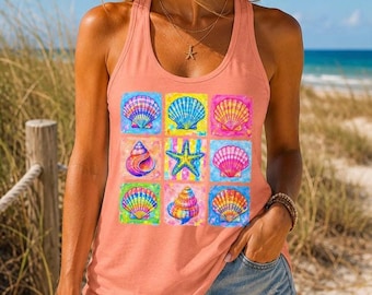 Colorful Seashell Tank Top, Coastal Beach Racerback Tank, Summer Vacation Shirt, Tropical Shell Graphic Tank, Ocean Lover Gift for Women