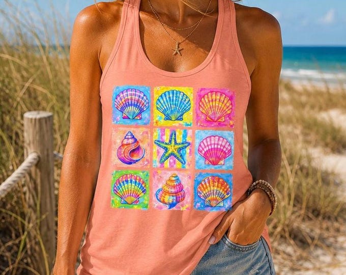 Colorful Seashell Tank Top, Coastal Beach Racerback Tank, Summer Vacation Shirt, Tropical Shell Graphic Tank, Ocean Lover Gift for Women