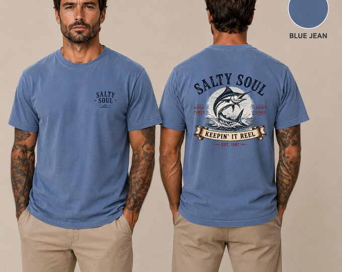 Salty Soul Marlin Illustration T-Shirt | Keepin' It Reel, Fishing Tee, Father's Day Gift Idea, Outdoorsmen, Fisherman, Dad, Comfort Colors