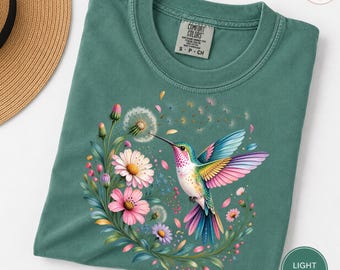 Colorful Hummingbird Floral Wreath T-Shirt | Spring Nature Tee