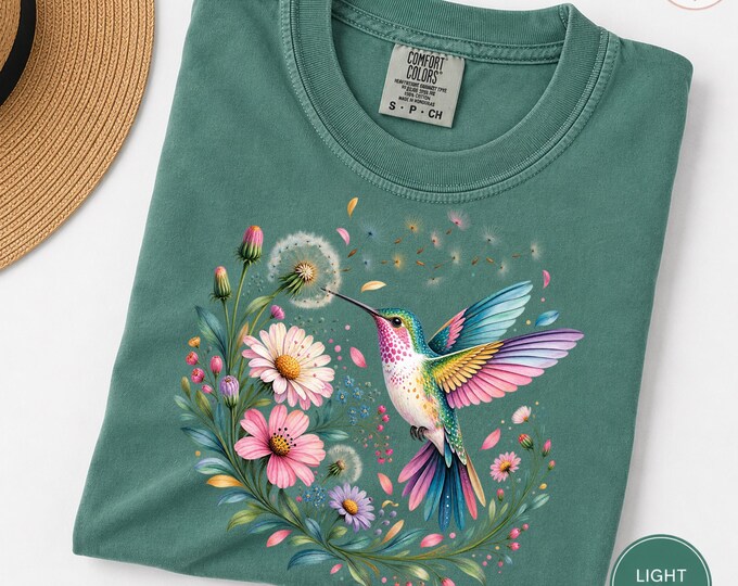 Colorful Hummingbird Floral Wreath T-Shirt | Spring Nature Tee