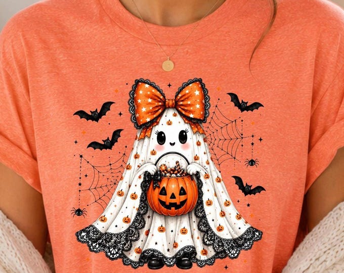 Hand-Drawn Ghost Girl Halloween T-Shirt | Pumpkin, Bats, Stars Design