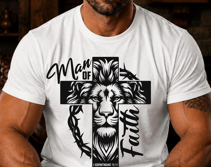 Man of Faith Shirt | Christian Men's Shirt | Lion Cross Graphic Tee | 1 Corinthians 16:13 | Comfort Colors Tee | Religious Gift for Him