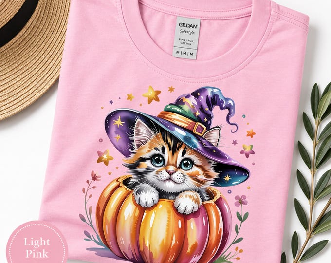 Halloween Kitten in Witch Hat T-Shirt | Pumpkin Cat Illustration