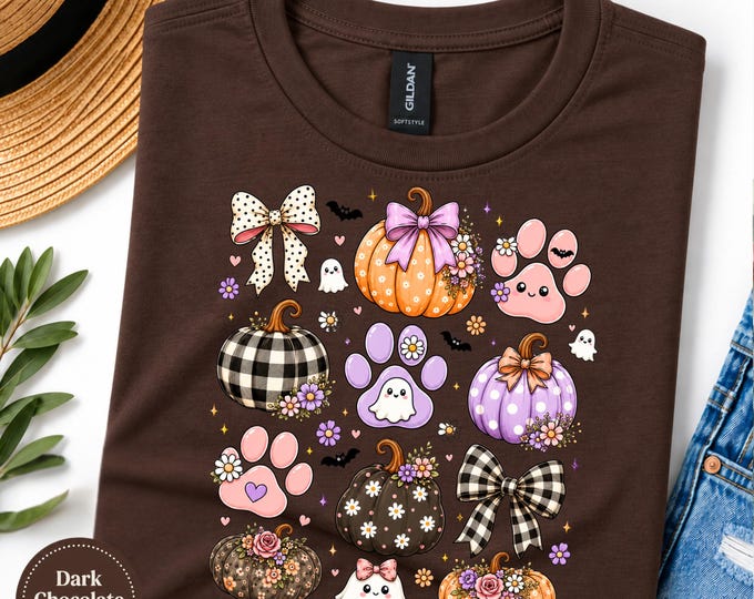 Kawaii Pastel Pumpkins Halloween Shirt, Coquette Tee, Pumpkin Ghost Paw Print Shirt, Girly Halloween Graphic Tee, Fall T-shirt