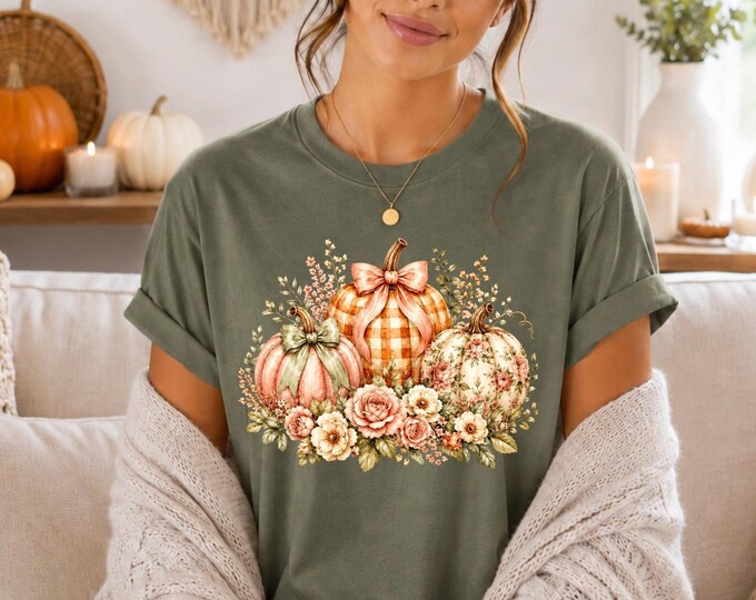 Autumn Floral Pumpkins T-Shirt | Fall Pumpkin Trio Tee