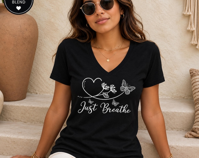 Just Breathe Butterfly Floral Design, Soft Relaxed Fit V Neck Tee, Boho Graphic Shirt for Women, Comfortable Everyday Tee, Gift for Her