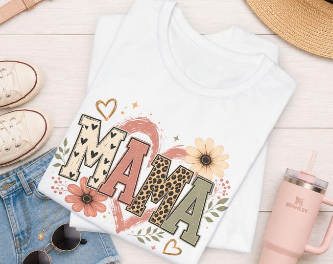 Mama Floral Heart Tee | Leopard Letters, Pink Watercolor