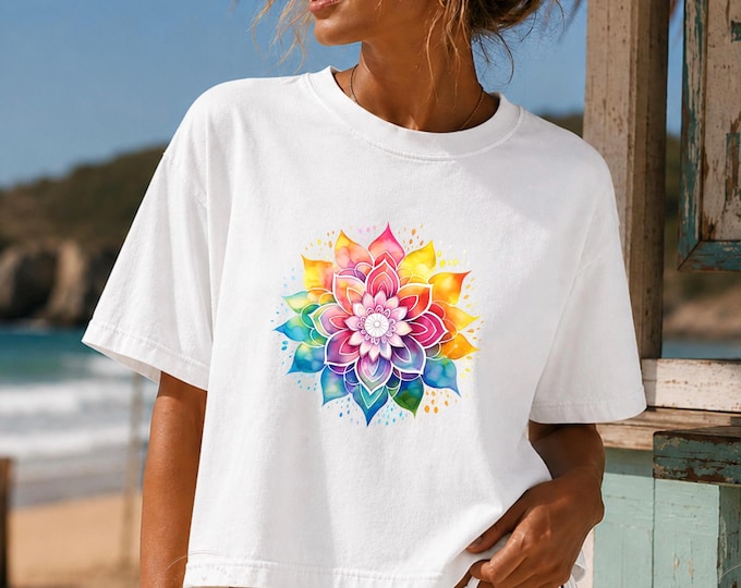 Watercolor Mandala Shirt, Comfort Colors Boxy Tee, Colorful Boho Graphic Tee, Rainbow Mandala T-Shirt, Yoga Meditation Gift for Women
