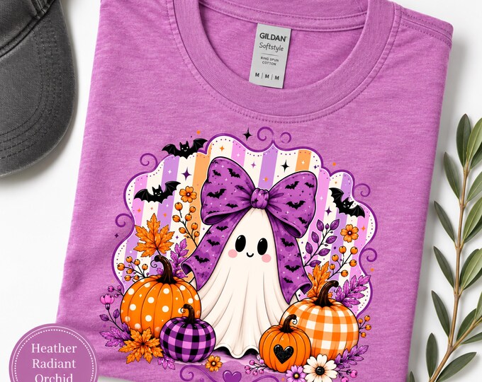Preppy Halloween Shirt, Coquette Ghost Tee, Purple Bow Cute Spooky Season Top, Girly Pumpkin T-Shirt, Polka Dot Gingham Pumpkins, Bats