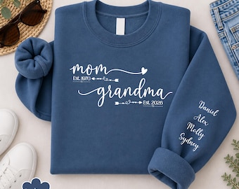 Custom Mom Grandma Sweatshirt | Grandchildren Names, Est. Year Sleeve Detail