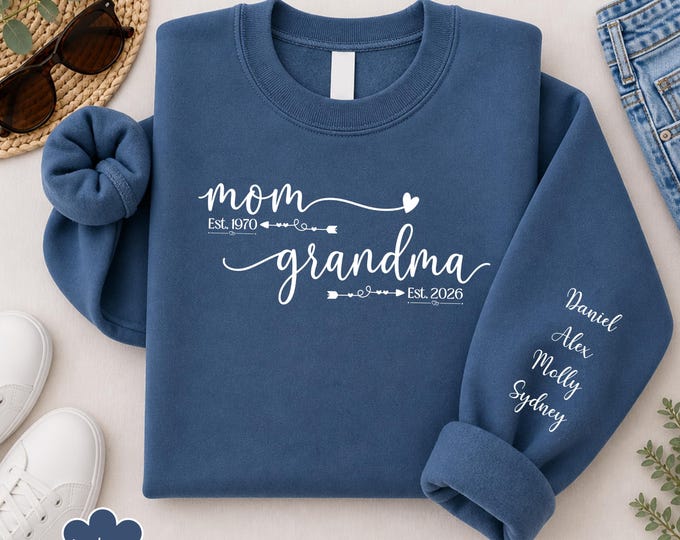 Custom Mom Grandma Sweatshirt | Grandchildren Names, Est. Year Sleeve Detail
