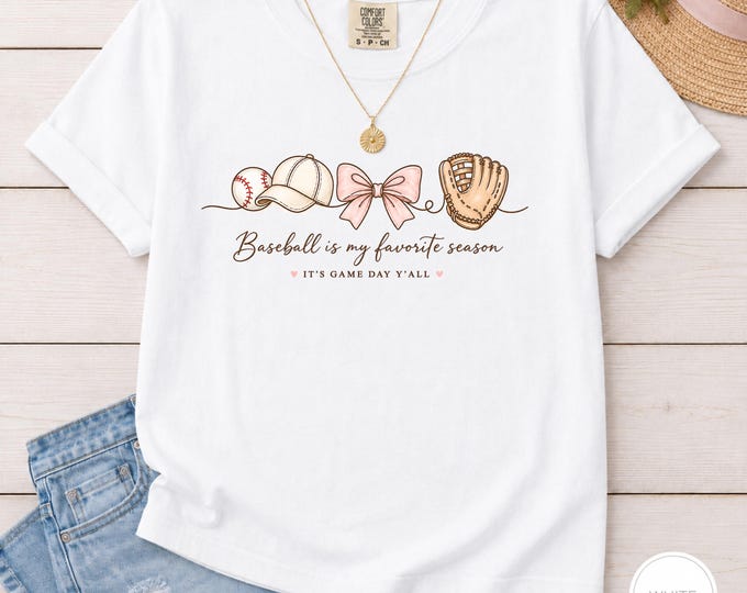 Baseball Mom Shirt, Game Day Graphic Tee, Baseball Season T-Shirt, Pink Bow Sports Top, Ballpark Mama Gift, Comfort Colors Tee