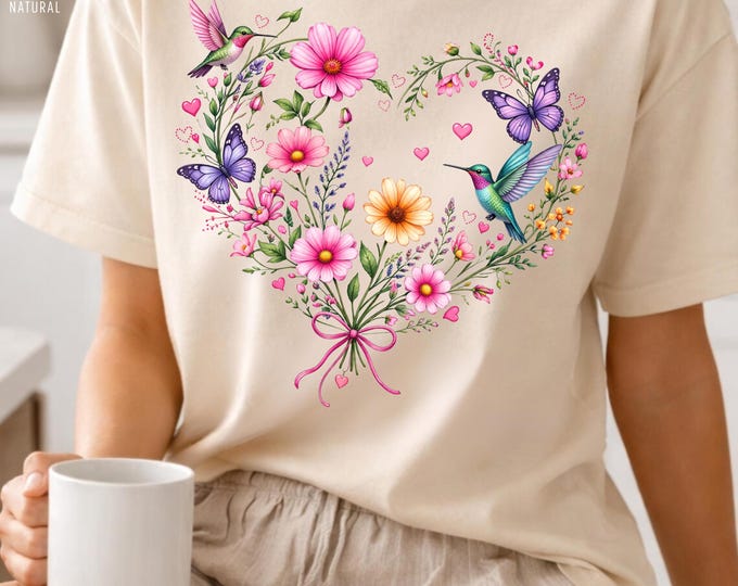 Floral Heart Hummingbird Butterfly Tee, Boho Nature Lover Shirt, Soft Cotton Everyday Tee