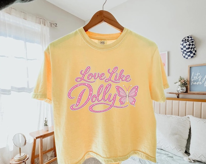 Love Like Dolly FAUX Rhinestone Comfort Colors Women's Boxy Tee, Pink Butterfly Shirt, Country Music Tee | Pink Retro DTG