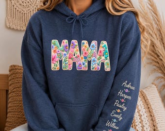 Faux Embroidery Mama Floral Sweatshirt | Custom Name on Sleeve (DTG Print)