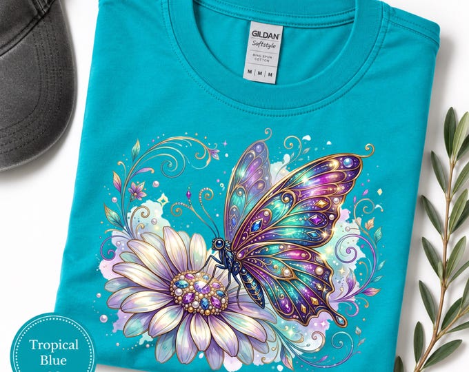 Boho Butterfly Floral Tee, Jeweled Gemstone Design, Stained-Glass Style Cotton Shirt
