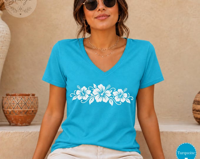 Hawaiian Hibiscus Floral Chest Design V-Neck Tee