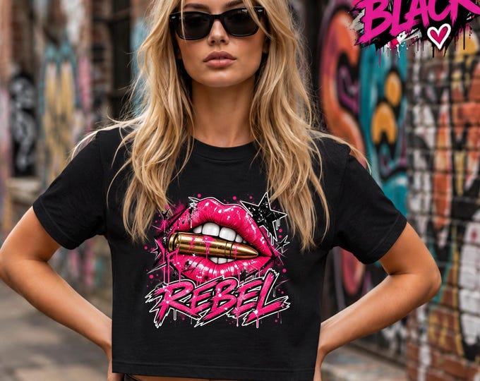 Rebel Lips Graphic Crop Top, Comfort Colors Boxy Tee, Edgy Women’s Shirt, Pink Lips Graphic Tee, Trendy Street Style Crop Shirt