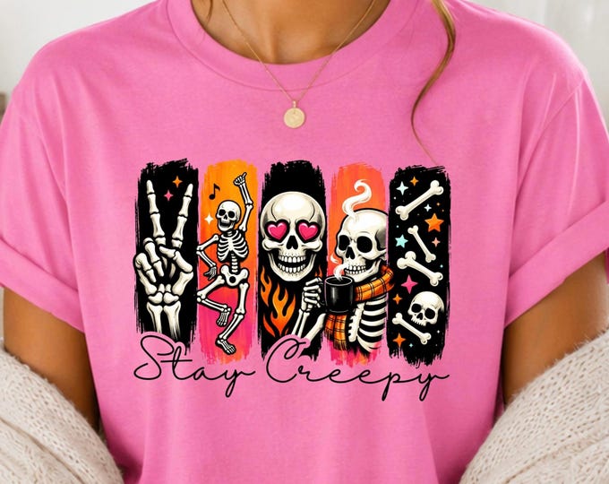 Stay Creepy Skeletons T-Shirt | Halloween Skull Peace Sign Design
