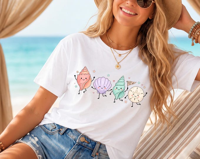 Garment-Dyed Sea Shell Kawaii Friends T-Shirt | Pastel Beach Vibes Tee