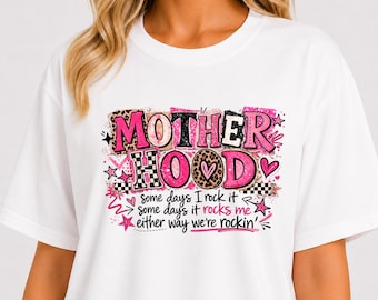 Mother Hood graphic T-Shirt | mom life typography, pink hearts, playful mom quote