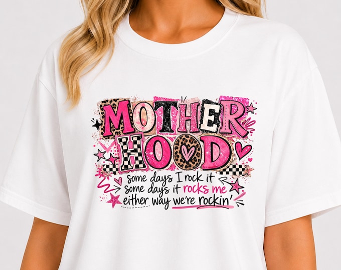 Mother Hood graphic T-Shirt | mom life typography, pink hearts, playful mom quote