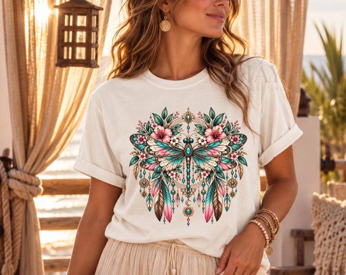 Boho Dragonfly Shirt, Floral Dragonfly Tee, Celestial Bohemian Shirt, Crystal Gem Tee, Dream Catcher | Gems Flowers
