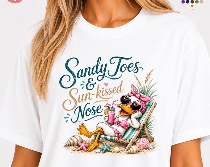 Sandy Toes Sun-kissed Nose Duck Beach Vacation T-Shirt | Coastal Vibes Tee | Summer, Beachy, Salty Girl, Beachy, Tropical Shirt