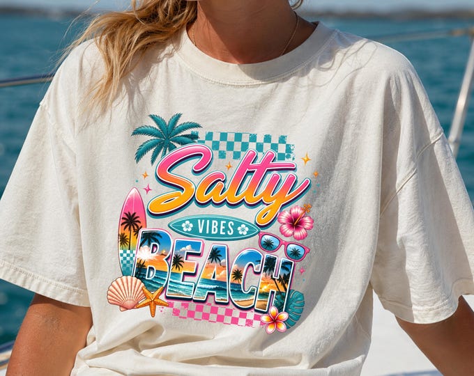 Salty Vibes Beach T-shirt | Retro Tropical Surf Graphic