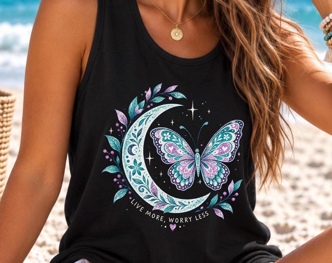 Celestial Butterfly Tank Top, Boho Moon Shirt, Live More Worry Less, Spiritual Floral Graphic, Women’s Beach Summer Gift