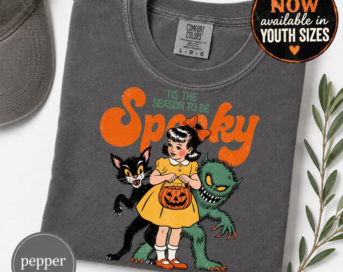 Tis the Season to Be Spooky vintage Halloween T-shirt | retro girl, black cat, monster