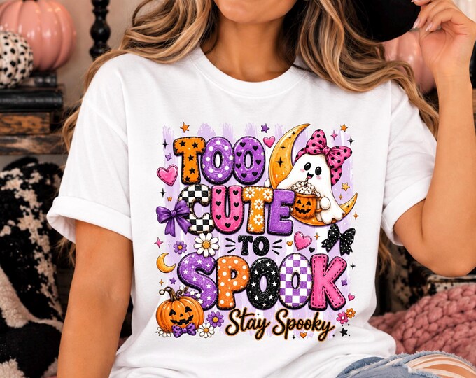 Too Cute to Spook T-Shirt | Halloween Ghost Pumpkin Candy Illustration