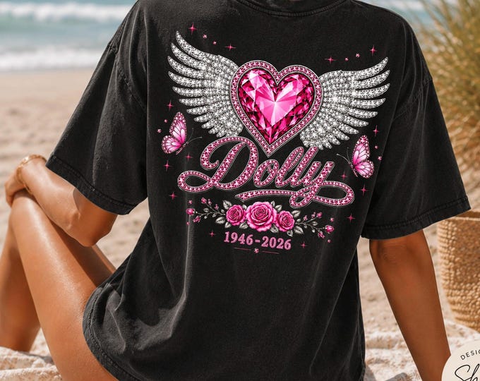 Dolly Tribute Shirt, Faux Rhinestone Heart Wings Tee, Country Music Memorial Back Print, Butterfly Floral Western Comfort Colors®