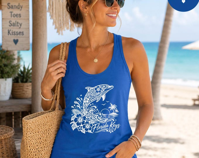 Florida Keys Dolphin Tank Top, Tropical Beach Shirt, Ocean Lover Gift, Hibiscus Coastal Vacation Tank, Womens Summer Florida Shirt
