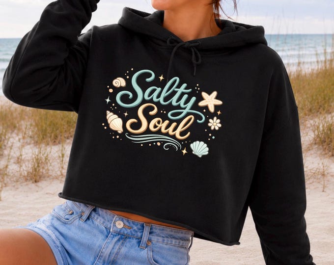Salty Soul Lane Seven Crop Hoodie | Coastal Beach Graphic Sweatshirt | Beachy Vacation, Cute Seashell Graphic Hoodie | Beach Lover Gift