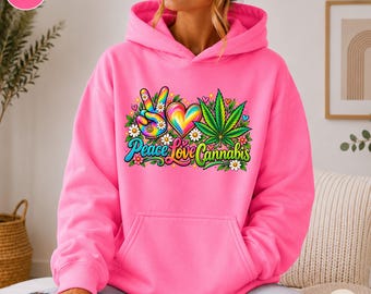 Peace Love Cannabis Sweatshirt | Retro Hippie Weed Hoodie or Crewneck | Colorful Marijuana Leaf Graphic | Boho Stoner Gift | 420 Apparel