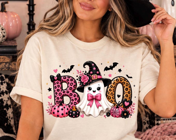 Pink Leopard BOO Ghost Witch Halloween Tee, Girly Spooky Season Shirt (Comfort Colors 100% cotton)