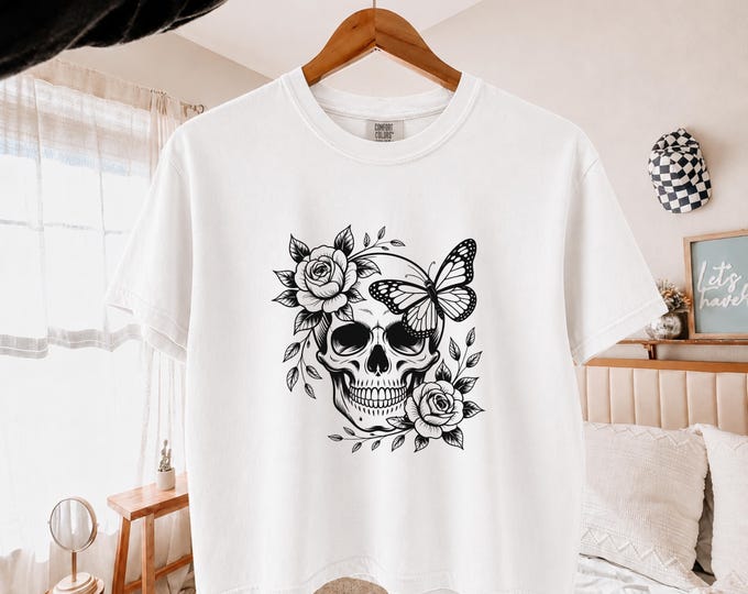 Skull & Roses Boxy Tee | Comfort Colors Boxy Crop Shirt | Gothic Floral Tee | Vintage Washed Graphic Tee | Butterfly Skull Shirt | Boho Goth