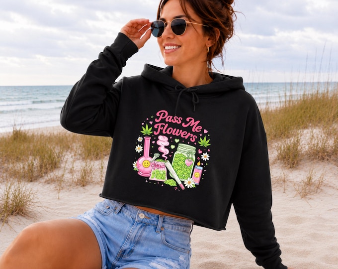 Lane Seven "Pass Me Flowers" Crop Hoodie | Vintage Beach Graphic Sweatshirt | Beachy Vacation, Coastal Summer Vibes Graphic