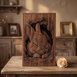 May include: A rectangular wooden plaque featuring a detailed laser-engraved illustration of a rabbit sleeping inside a hollow tree trunk. The wood grain is visible throughout the piece, and a single light-coloured rose rests on the surface nearby.