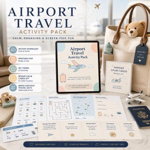 Peut inclure: Un ensemble d'activités de voyage pour l'aéroport avec une tablette affichant le titre et un avion. Comprend un kit de cartes de calme en prime, un passeport, un avion jouet et un sac fourre-tout avec un ours en peluche. Conçu pour les enfants.