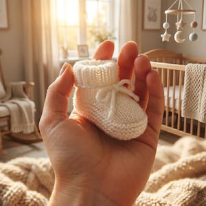May include: A close-up of a small, white knitted baby bootie with a tied bow. The bootie is held in a hand, with a soft, neutral-toned nursery in the background. The nursery includes a crib, rocking chair, and mobile.