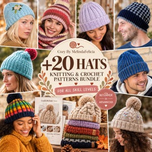 May include: A collection of twenty knitted and crocheted hats in various colours and textures, including ribbed, cabled, and pom-pom styles, with a central sign reading Cozy By MelindaFelicia +20 HATS KNITTING & CROCHET PATTERNS BUNDLE.