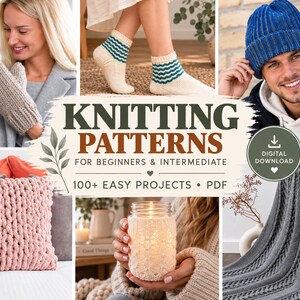 Könnte beinhalten: Eine digitale Sammlung von Strickanleitungen mit über 100 Projekten für Anfänger und Fortgeschrittene. Das Bild zeigt verschiedene Strickwaren, darunter beige Fäustlinge, gemusterte Socken, eine blaue Mütze, ein rosa Kissen und eine graue Decke.